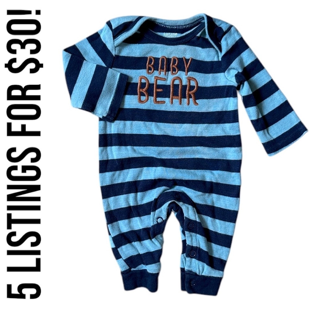 Carter’s Blue Striped Baby Bear Long Sleeve Romper One Piece Size Newborn - Picture 2 of 13
